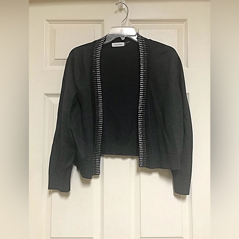 CALVIN KLEIN Charcoal Gray Rhinestone Studded Sweater Cardigan Shrug XL